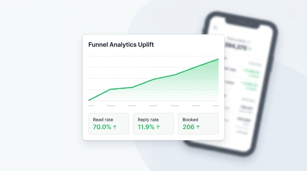 Funnel analytics card showing read rate, reply rate, and booked outcomes trending upward