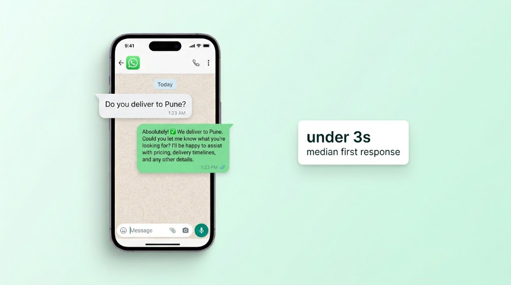 WhatsApp chat showing fast business replies to order and policy questions on a smartphone