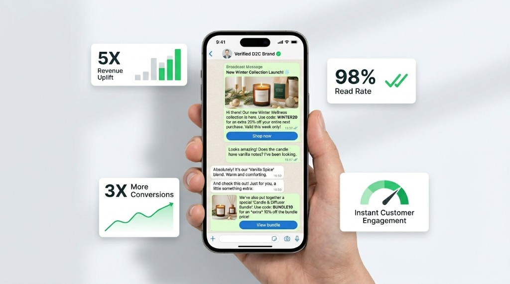 WhatsApp promotional thread with shop offer, product image, and personalized upsell from a D2C brand