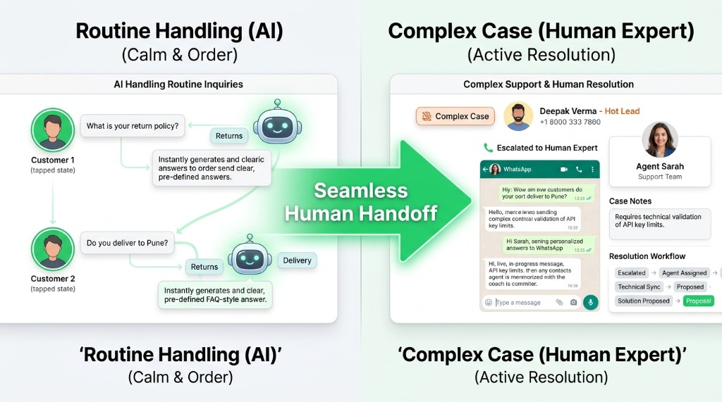 Infographic comparing routine AI handling versus complex case resolution with human agent workspace